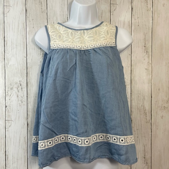 Hint of Mint Chambray Sleeveless Lace Top Junior Large - Picture 1 of 6
